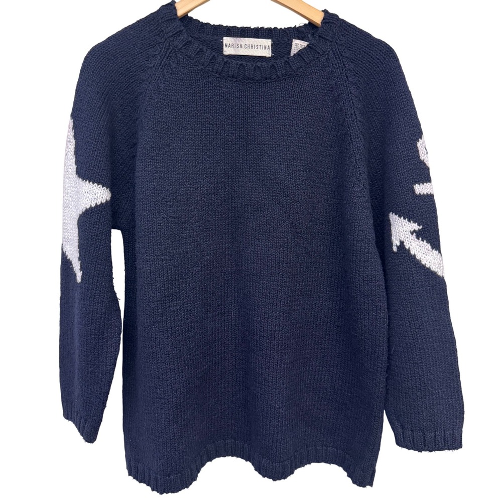 VTG Marisa Christina Chunky Sweater Medium Navy Blue Star Anchor Ramie Cotton